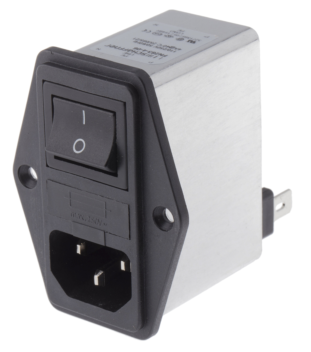 Schaffner, 250V ac 4.8A Flange IEC Filter Male 2 Pole 1 Fuse, Faston