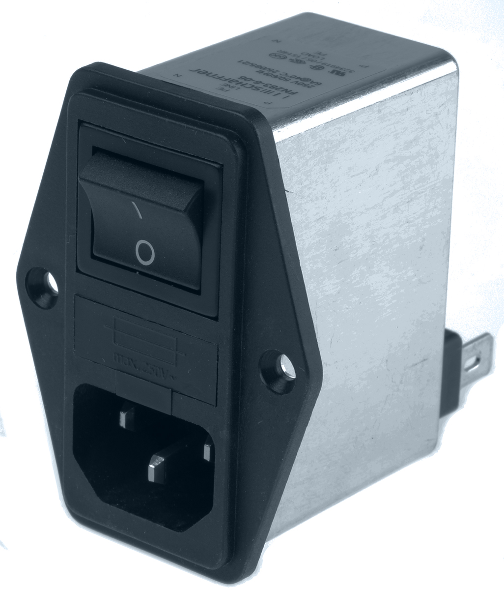 Schaffner FN283-6-06, 250V ac 7.2A Flange IEC Filter Male 2 Pole 1 Fuse, Faston