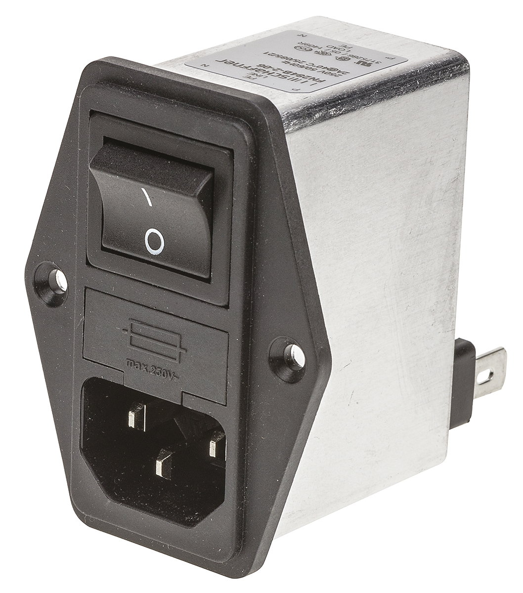 Schaffner, 250V ac 2A Panel Mount IEC Filter Male 2 Pole 2 Fuse, Faston