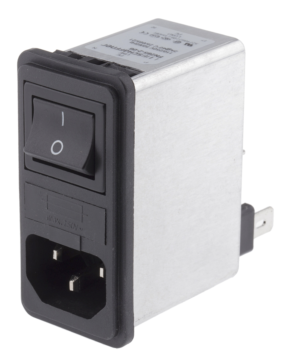Schaffner FN285-2-06, 250V ac 2A Snap-in IEC Filter Male 2 Pole 1 Fuse, Faston
