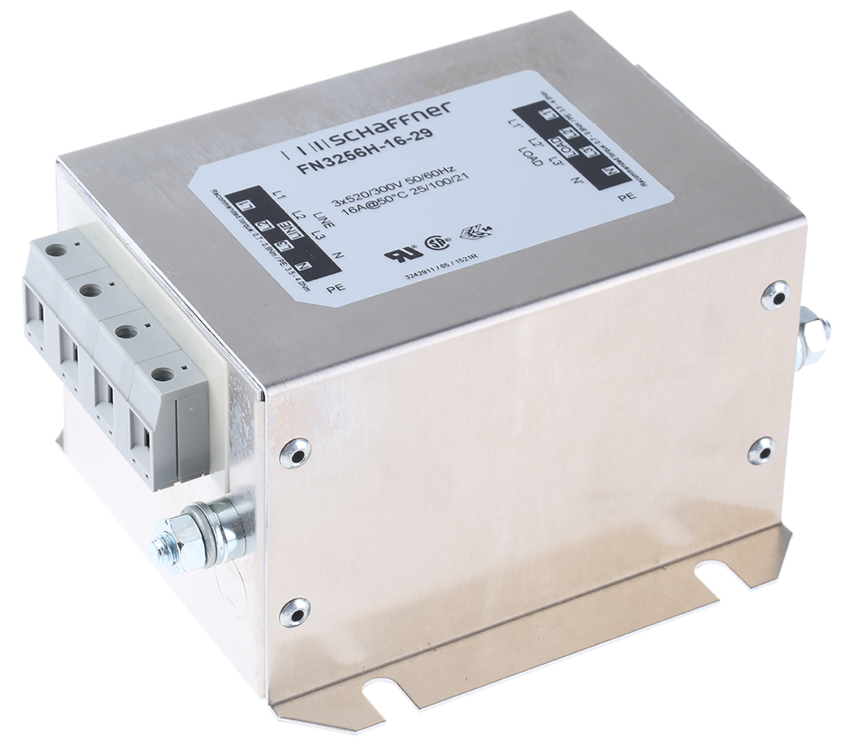 Schaffner, FN3256 16 A 520V ac 60Hz, Chassis Mount EMI Filter, Terminal Block 3 Phase