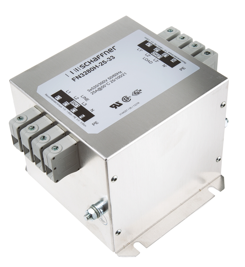 Schaffner, FN3280 25 A 520V ac 60Hz, Chassis Mount EMI Filter, Terminal Block 3 Phase