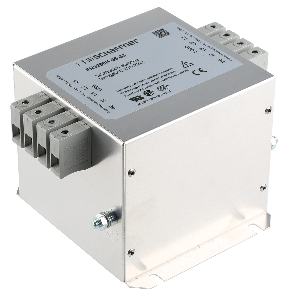 Schaffner, FN3280 36 A 300V ac 60Hz, Chassis Mount EMI Filter, Terminal Block 3 Phase
