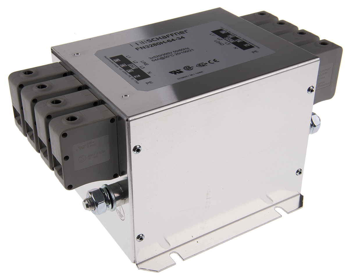Schaffner, FN3280 64 A 520V ac 60Hz, Chassis Mount EMI Filter, Terminal Block 3 Phase