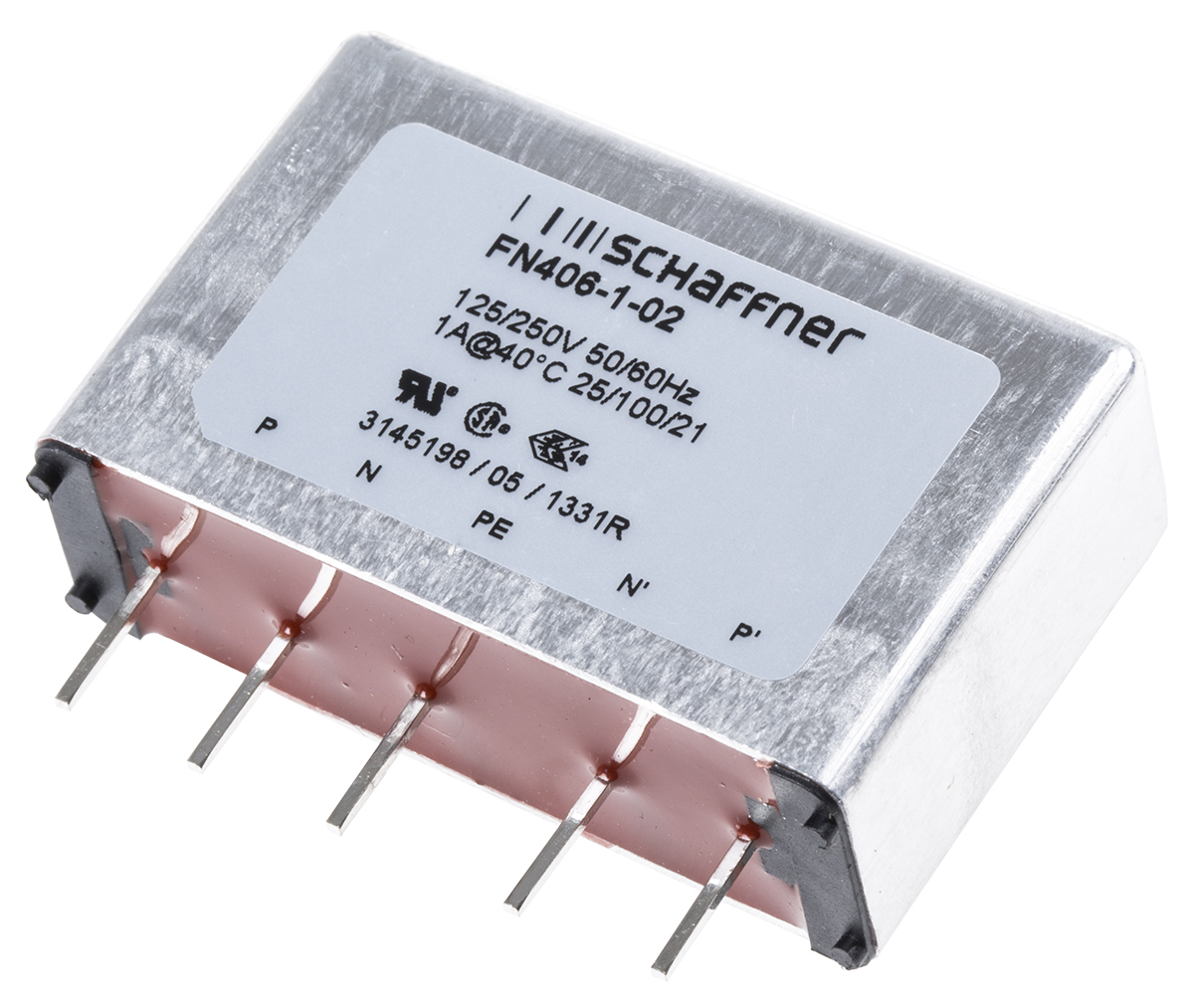 Schaffner, FN406 1 A 250V ac 400Hz, PCB EMC Filter, Pin 1 Phase