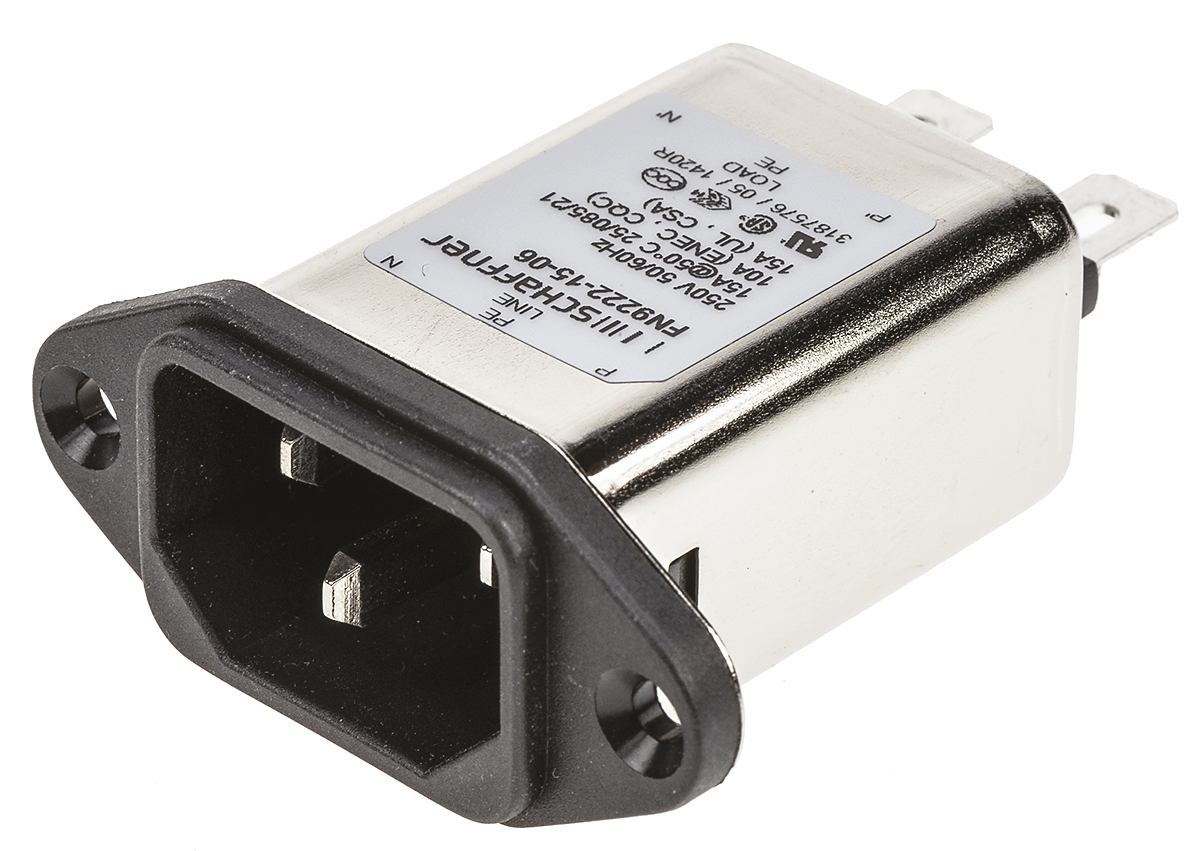 Schaffner FN9222-15-06, 250V ac 15A Panel Mount IEC Filter Male, Faston