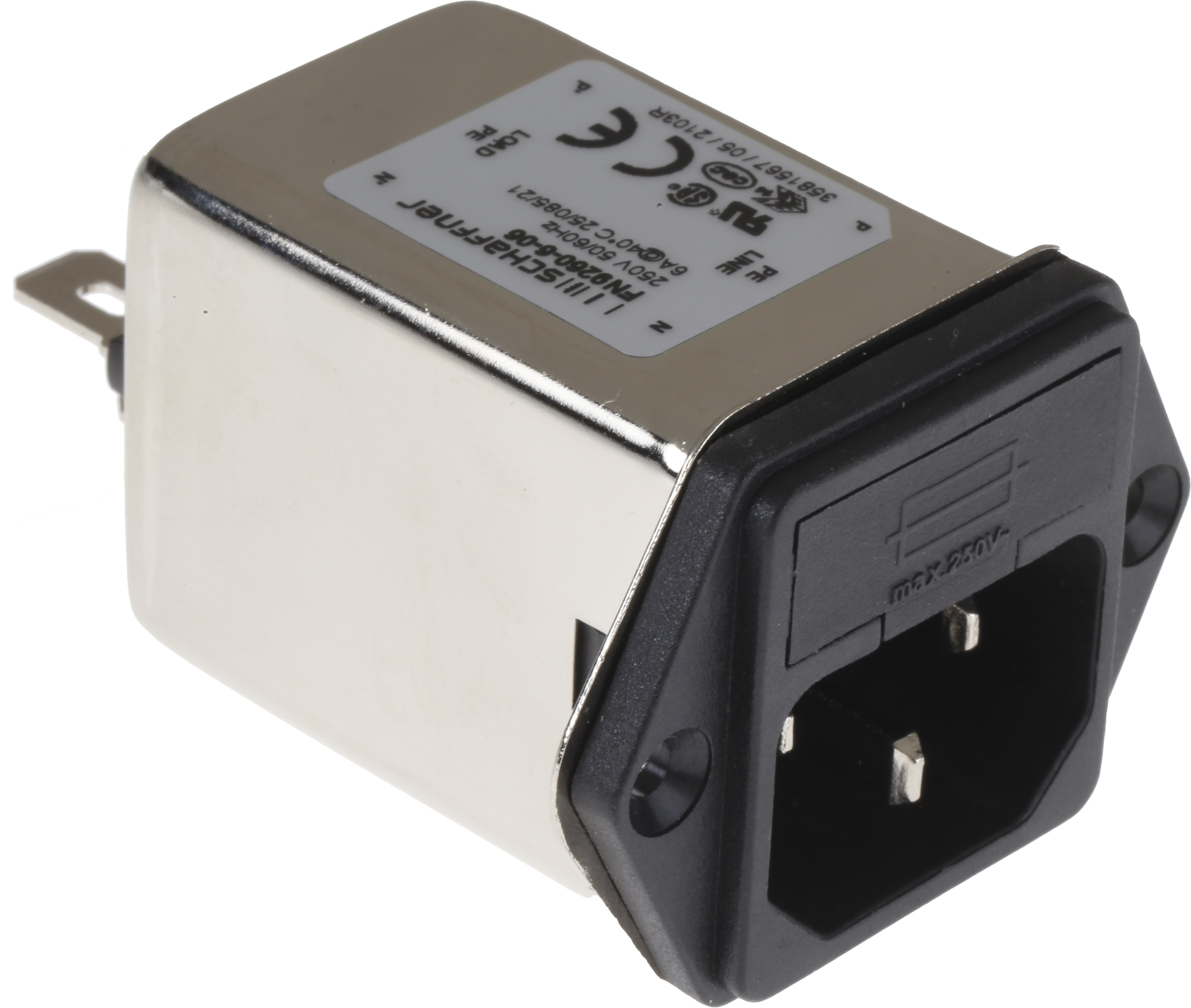 Schaffner, 250V ac 6A Panel Mount IEC Filter Male 2 Fuse, Faston