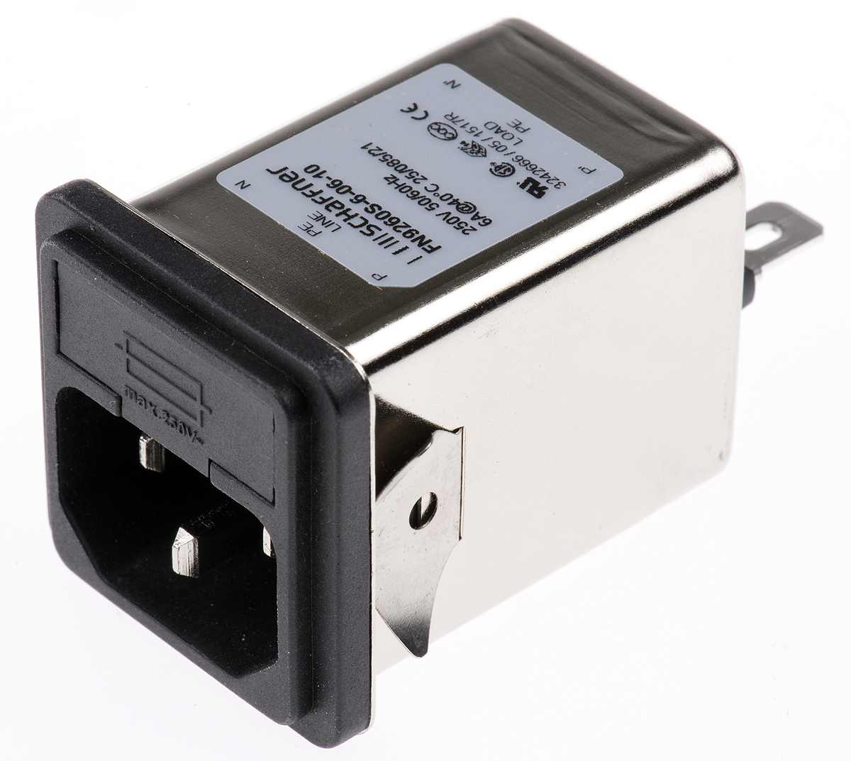 Schaffner, 250V ac 6A Snap-in IEC Filter Male 2 Fuse, Faston