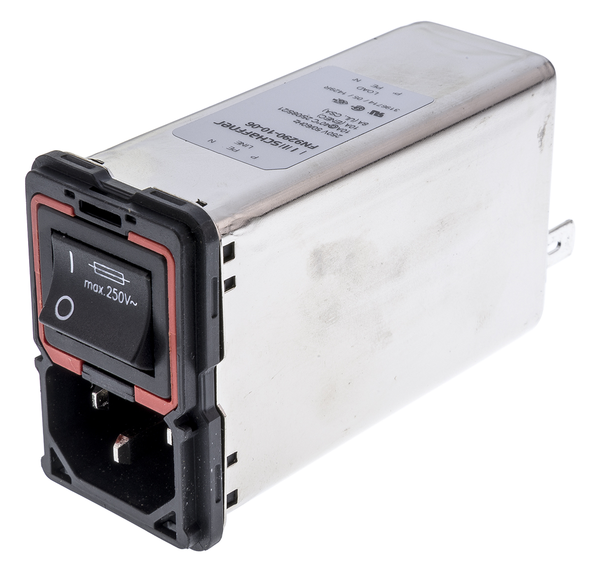 Schaffner, 250V ac 10A Panel Mount IEC Filter Male 2 Pole 2 Fuse, Faston