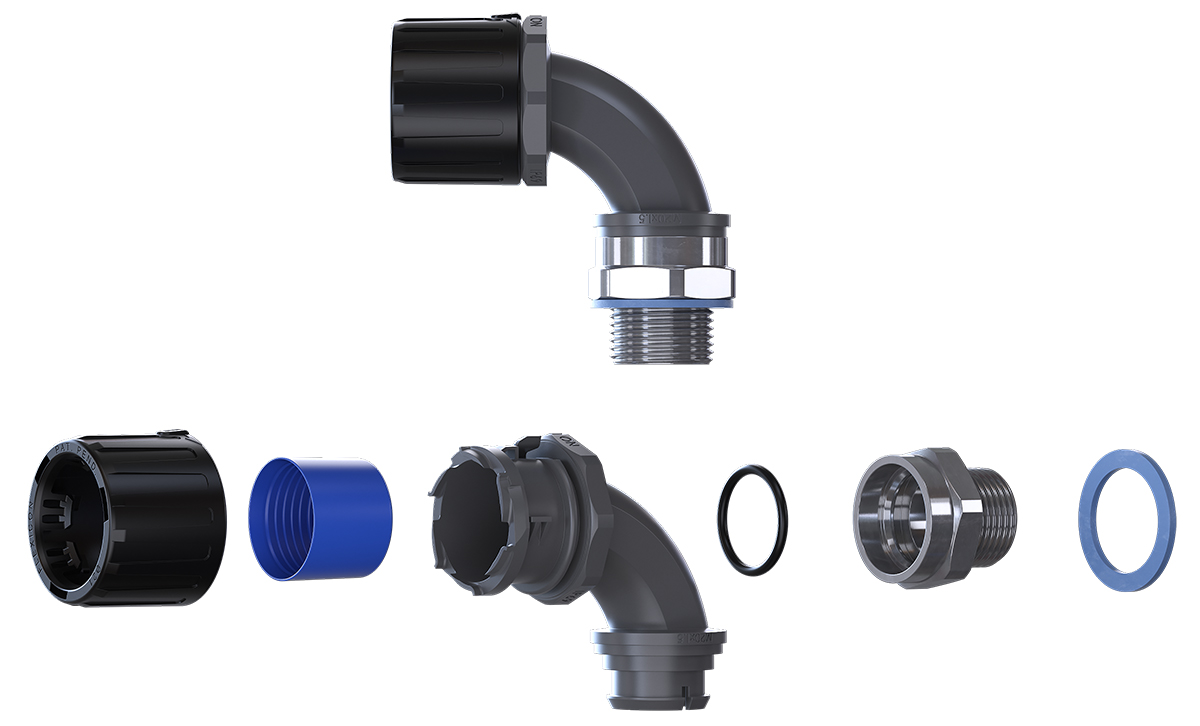 Flexicon Conduit Black, Conduit Fitting, 16 mm Nominal Size, M16, Polyamide 66, Black, Grey IP67, IP66, IP69, IP68
