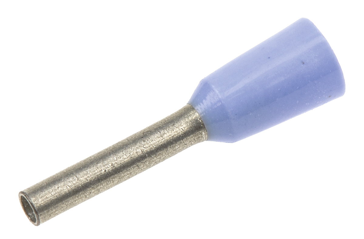 JST, FTR Insulated Crimp Bootlace Ferrule, 8 mm Pin Length, 1.2 mm Pin Diameter, Blue to 18 AWG Wire Size