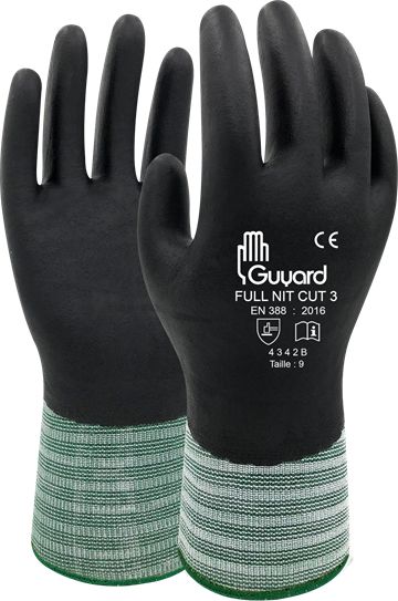 GUYARD FULL NIC CUT 3 Black HPPE, Lycra, Polyamide Work Gloves, Size 6, Nitrile Coating