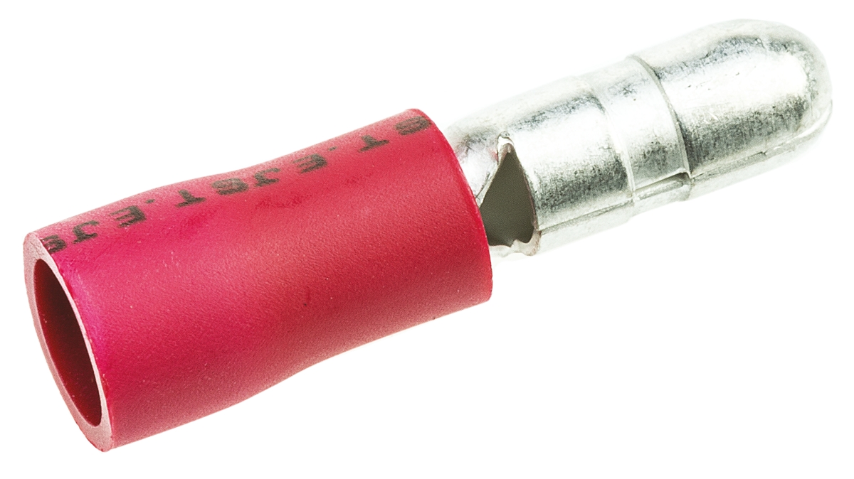 fvdagm125-5lf JST, FVDAGM Insulated, Red Crimp Bullet Connector, 22 AWG to 16 AWG, 4 mm Bullet diameter Male