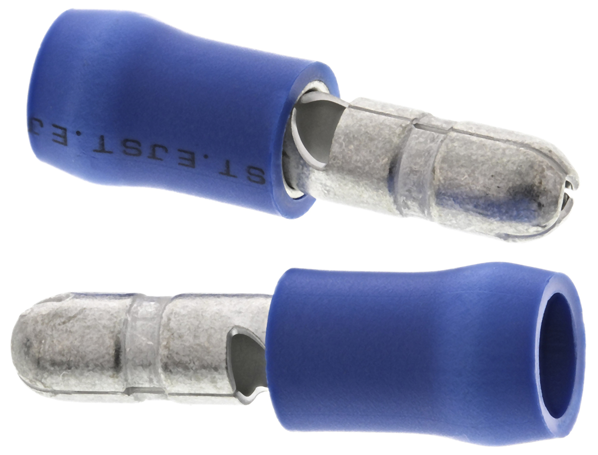 JST, FVDGM Insulated, Blue Crimp Bullet Connector, 16 AWG to 14 AWG, 4 mm Bullet diameter Male