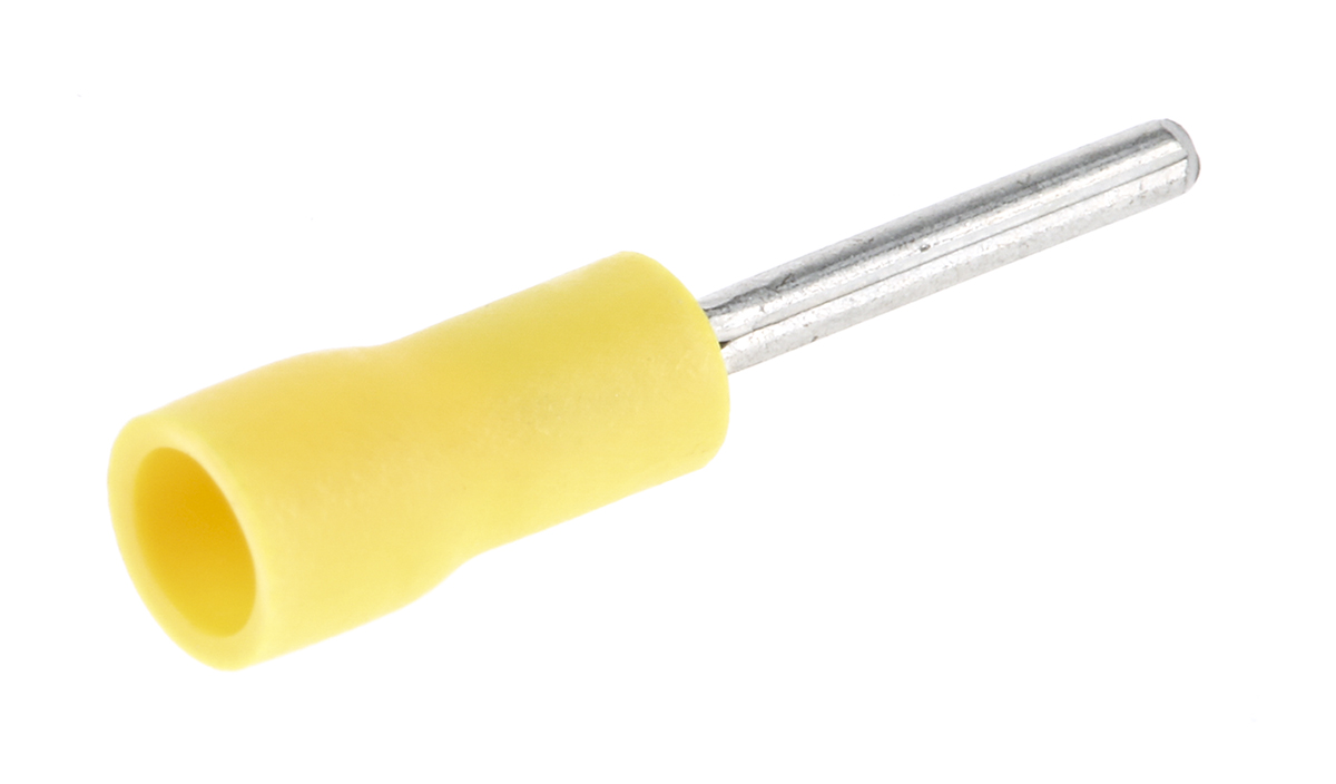 JST, FVPC Insulated Crimp Pin Connector, 26 AWG to 22 AWG, 1.2 mm Pin Diameter, 10 mm Pin Length, Yellow