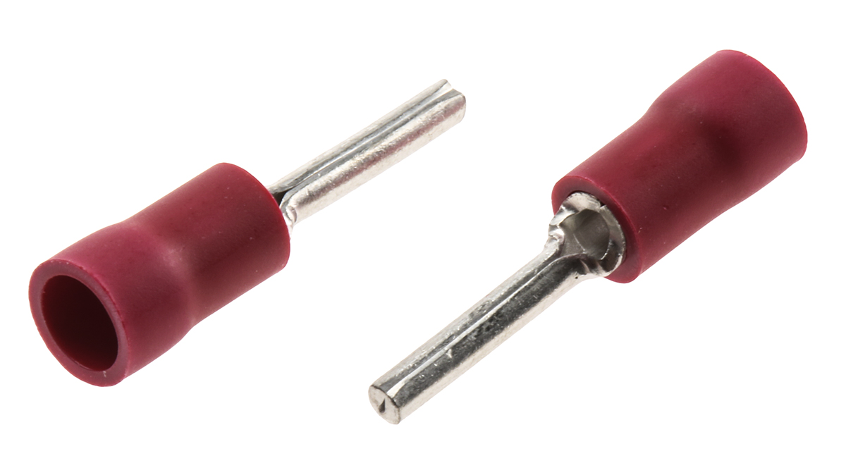 JST, FVPC Insulated Crimp Pin Connector, 22 AWG to 16 AWG, 1.9 mm Pin Diameter, 12 mm Pin Length, Red