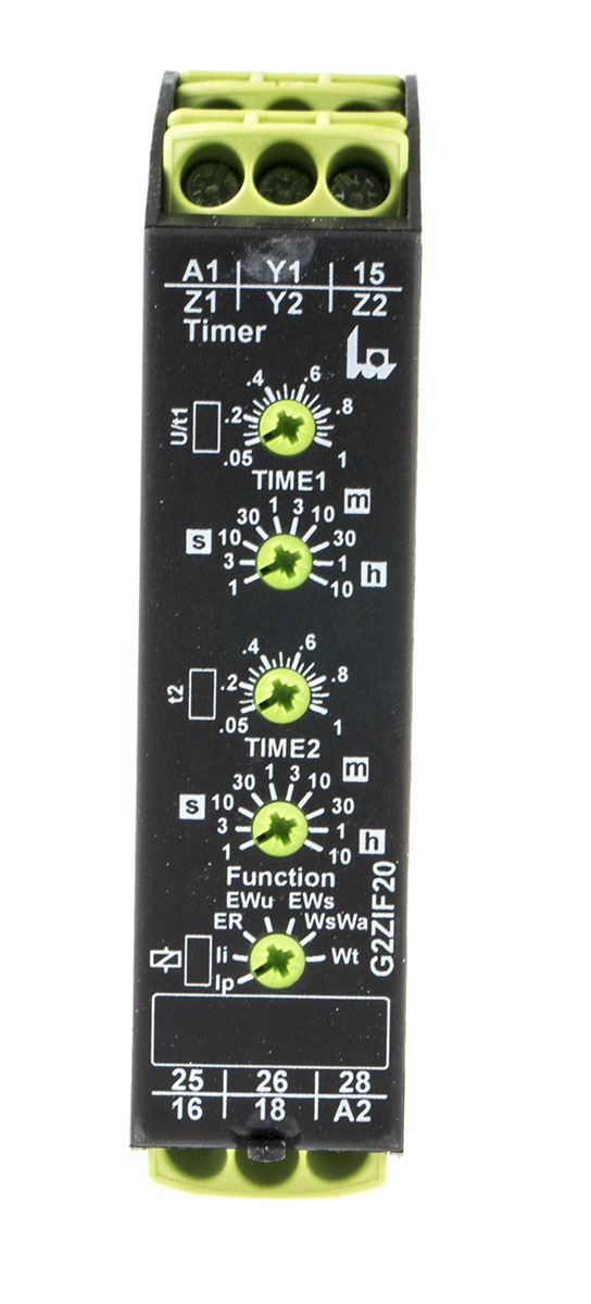 Tele G2ZIF20 Series DIN Rail Timer Relay, 2-Contact, 240 V dc 24V ac, 240 V ac, 10.05 s to 10 h, Multifunction-Function,