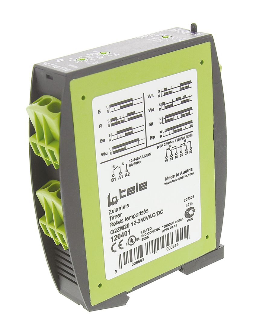 Tele G2ZM20 Series DIN Rail Timer Relay, 2-Contact, 240 V dc 12V ac, 240 V ac, 0.05 s to 100 h, Multifunction-Function,
