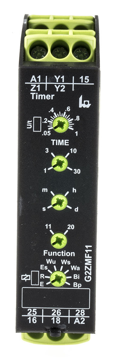 Tele G2ZMF11 Series DIN Rail Timer Relay, 2-Contact, 240 V dc 24V ac, 240 V ac, 0.05 s to 30 Days,