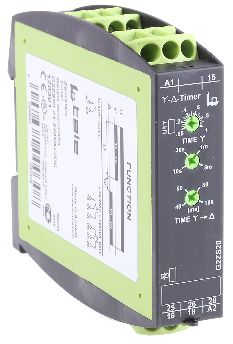 Tele G2ZS20 Series DIN Rail Timer Relay, 2-Contact, 250 V dc 24V ac, 240 V ac, 0.04 s to 3 min, 1-Function, DPDT Switch