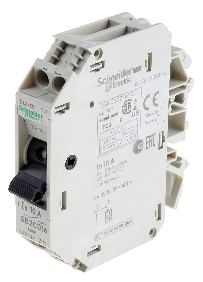 Schneider Electric TeSys GB2 Thermal Circuit Breaker - 1-Pole, DIN Rail, 10A Current Rating, 1.5 kA, 110V ac, 48 V dc