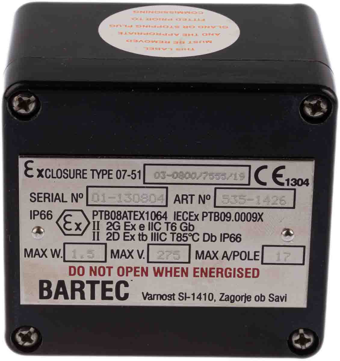 gb80 Bartec GB Series Black Polyester Junction Box, IP66, 6 Terminals, ATEX, 80 mm, 75mm 55 mm