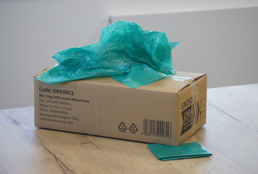gn090c1 Cromwell Polythene Green Low Density Polyethylene RELDEEN Medium-Weight Refuse Bag, 90L Capacity, 0.05 mm Thickness, 100
