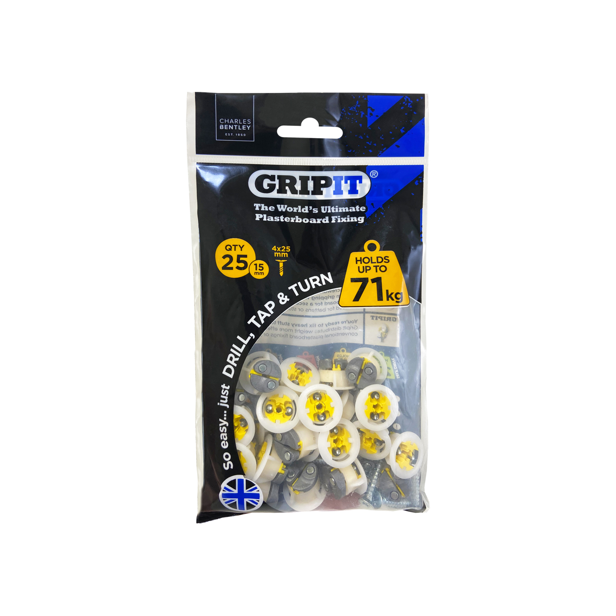 Gripit Yellow Plastic, Steel Plasterboard Fixing, 15 mm fixing hole diameter