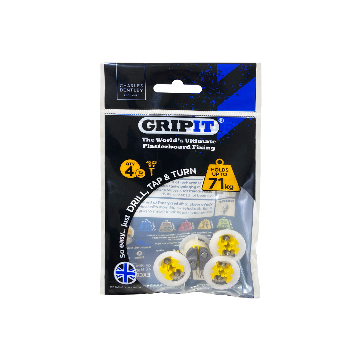 Gripit Yellow Plastic, Steel Plasterboard Fixing, 15 mm fixing hole diameter