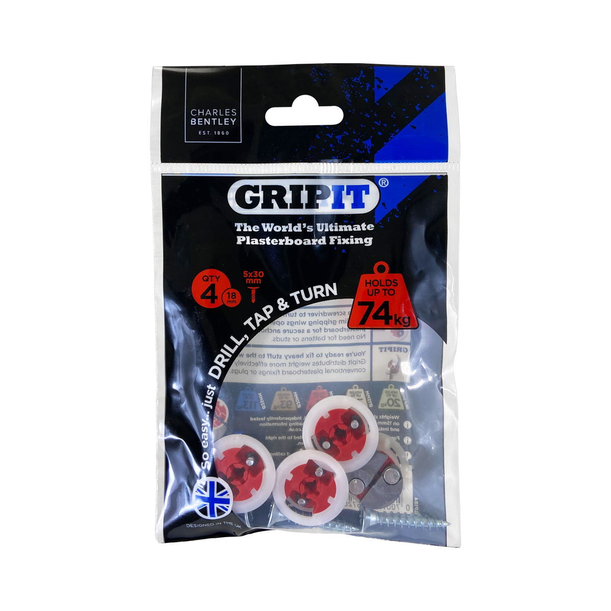 Gripit Red Plastic, Steel Plasterboard Fixing, 18 mm fixing hole diameter