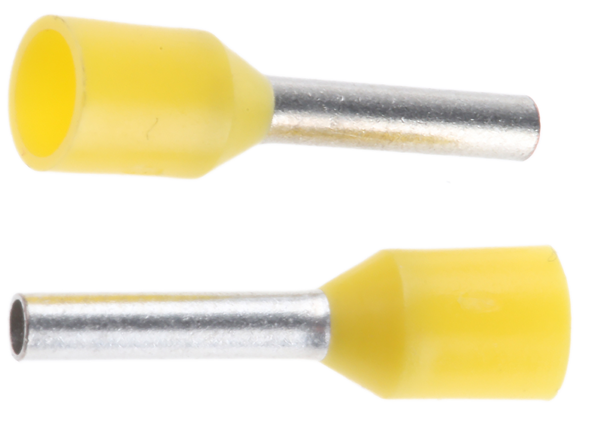 JST, GTR Insulated Crimp Bootlace Ferrule, 8 mm Pin Length, 1.4 mm Pin Diameter, Yellow to 18 AWG Wire Size