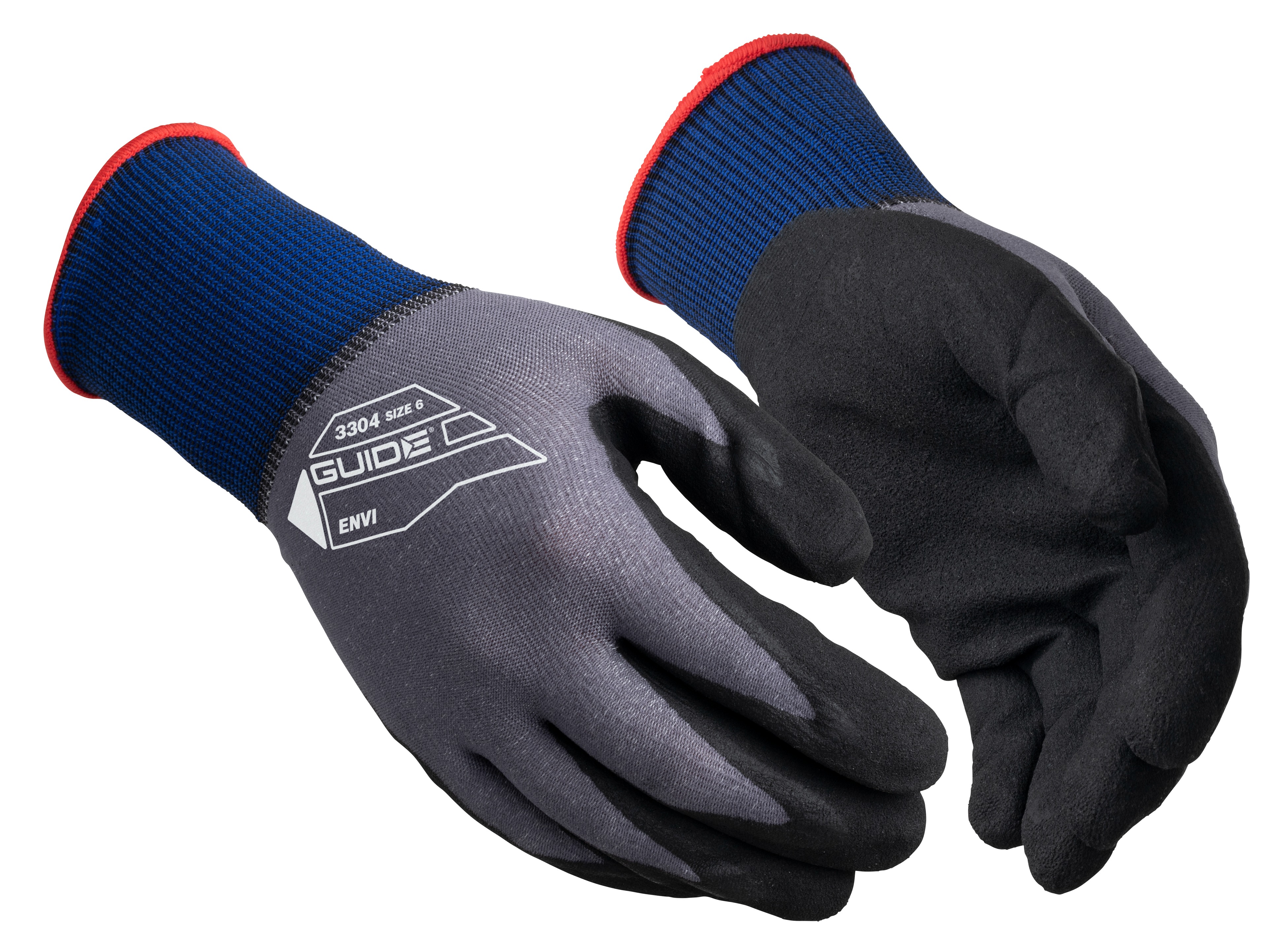 GUIDE GLOVES GUIDE 3304 Black, Blue, Grey Elastane, Glycerol, Glycose, Nitrile, Nylon Work Gloves, Size 7, Nitrile