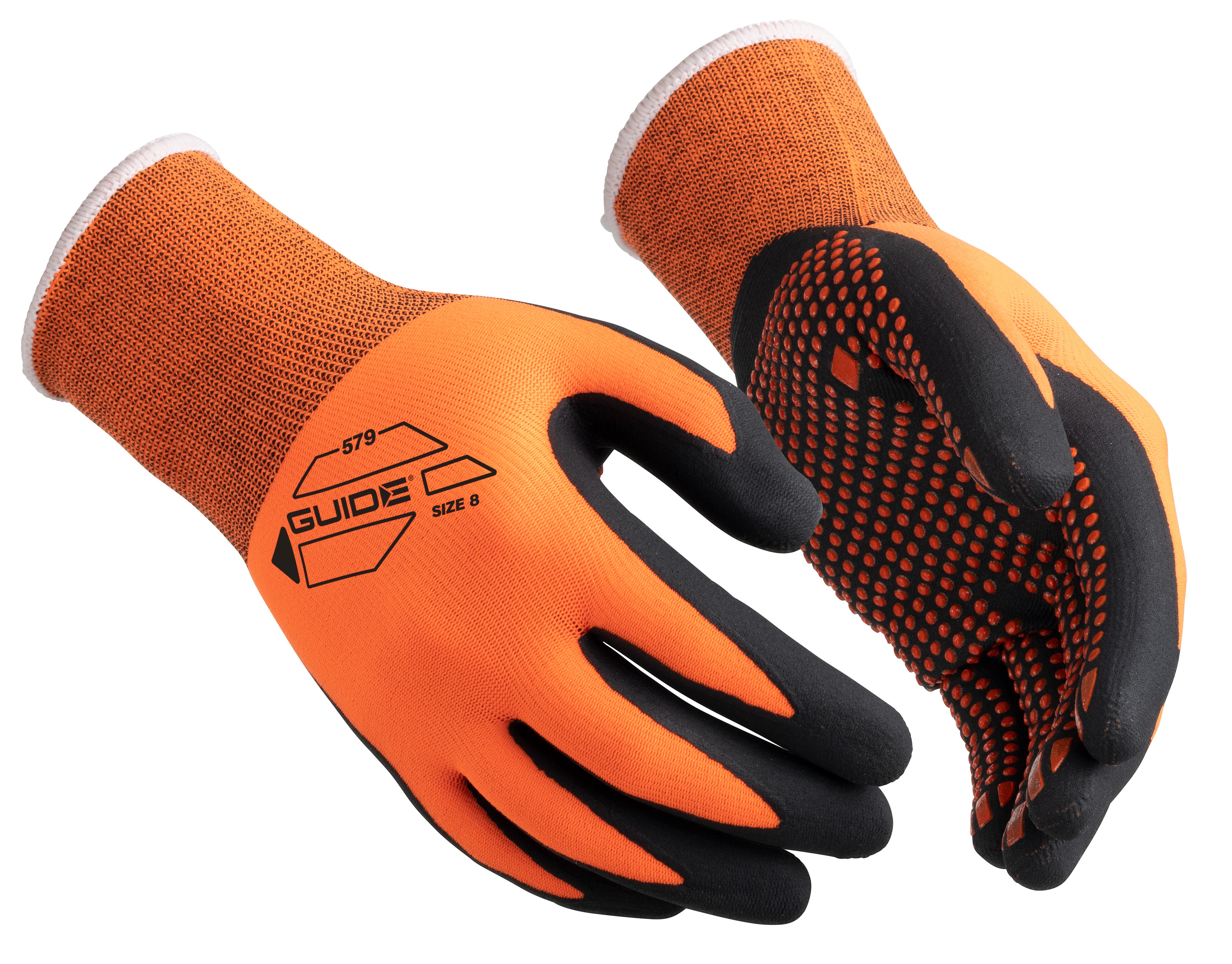 GUIDE GLOVES GUIDE 579 Black, Orange Elastane, Nitrile, Nylon Work Gloves, Size 8, Nitrile Coating