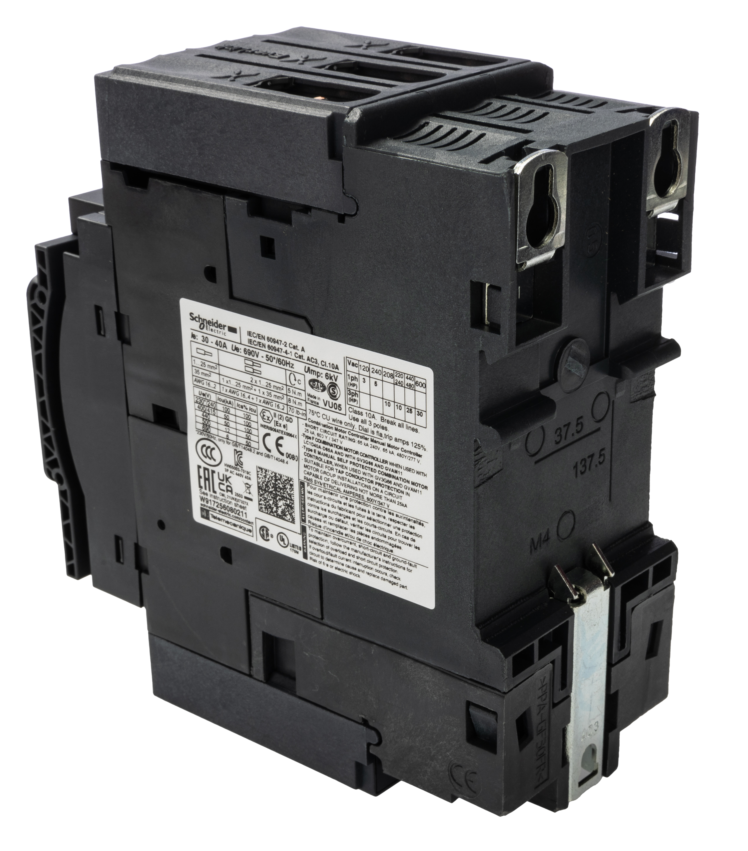 gv3p40 Schneider Electric TeSys GV3 Thermal Circuit Breaker - 3-Pole, Direct, 40A Current Rating, 100 kA, 690V ac