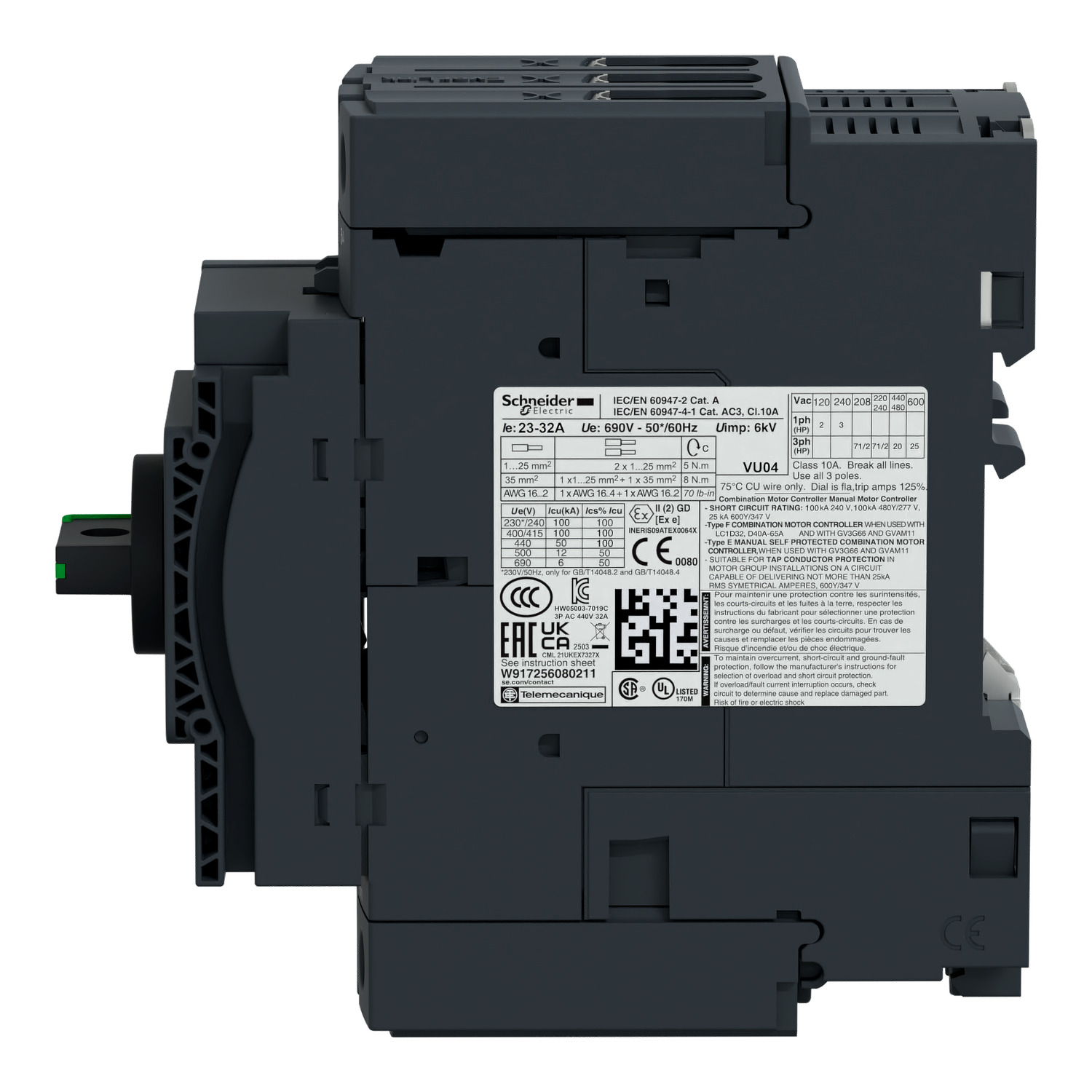 gv3p50 Schneider Electric TeSys TeSyS GV Thermal Circuit Breaker - 3-Pole, Direct, 50A Current Rating, 100 kA, 690V ac