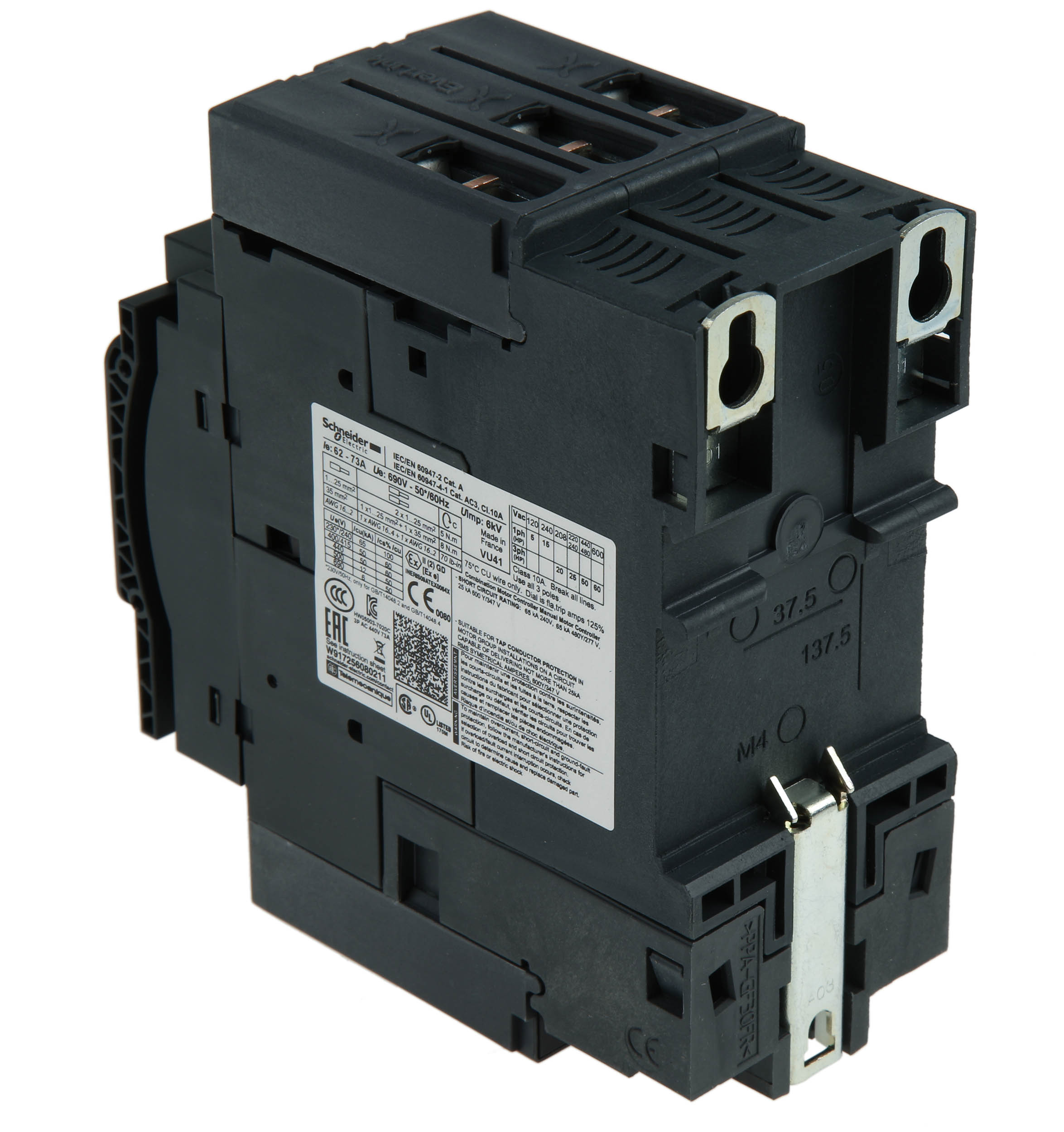 gv3p73 Schneider Electric TeSys TeSyS GV Thermal Circuit Breaker - 3-Pole, DIN Rail, 73A Current Rating, 65 kA