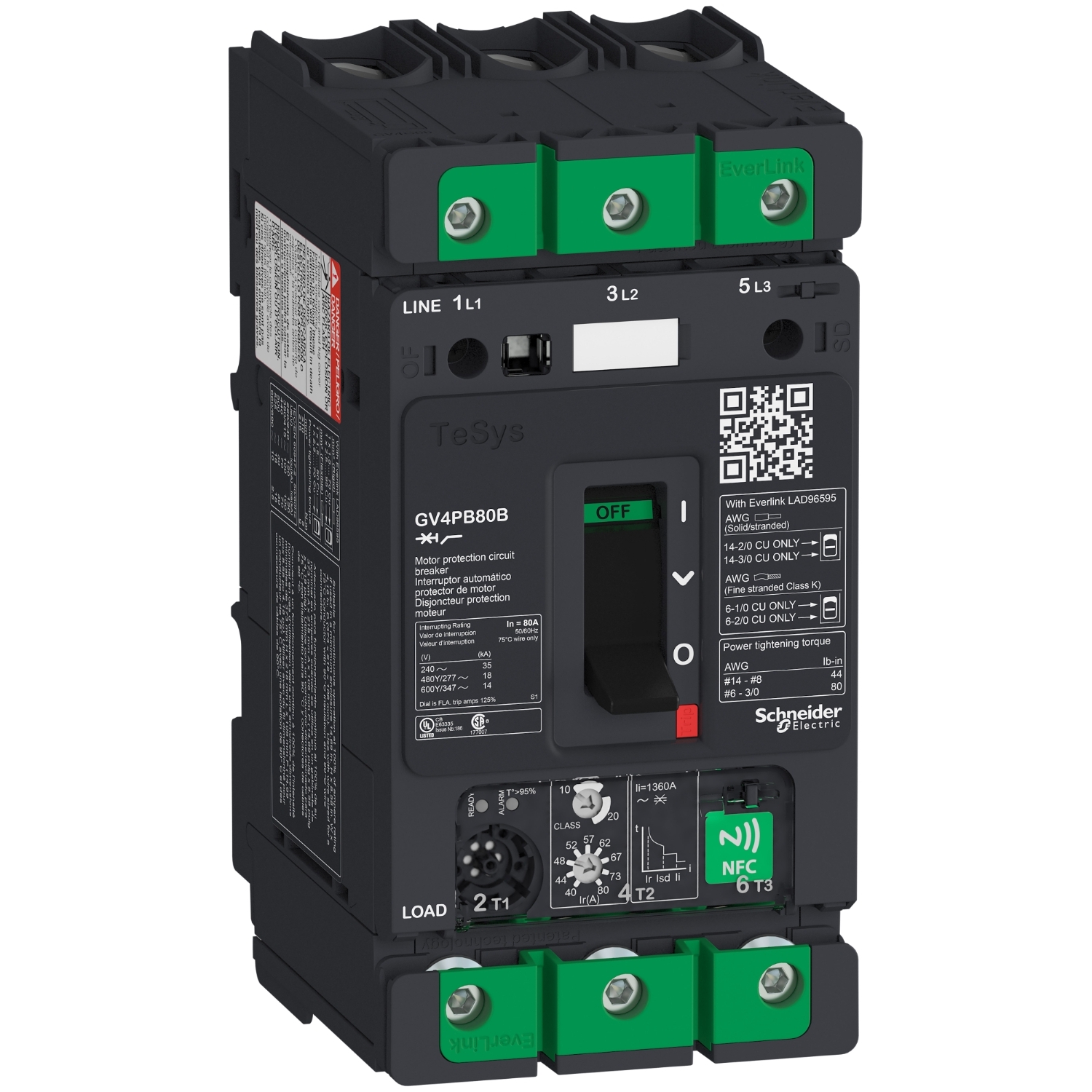 gv4pb80b Schneider Electric TeSys TeSyS GV Thermal Circuit Breaker - 3-Pole, DIN Rail, 80A Current Rating, 50 kA