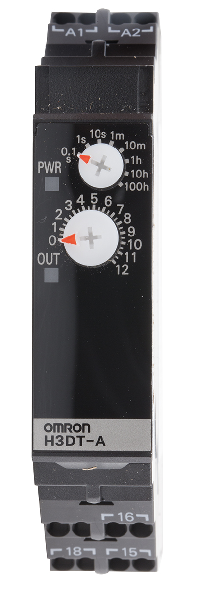 Omron H3DT Series DIN Rail Timer Relay, 2-Contact, 240 V dc 24V ac, 240 V ac, 0.1 s to 1200 h, 1-Function, SPDT Switch