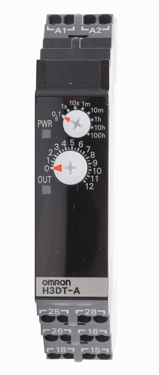 Omron H3DT Series DIN Rail Timer Relay, 4-Contact, 240 V dc 24V ac, 240 V ac, 0.1 s to 1200 h, 1-Function, DPDT Switch