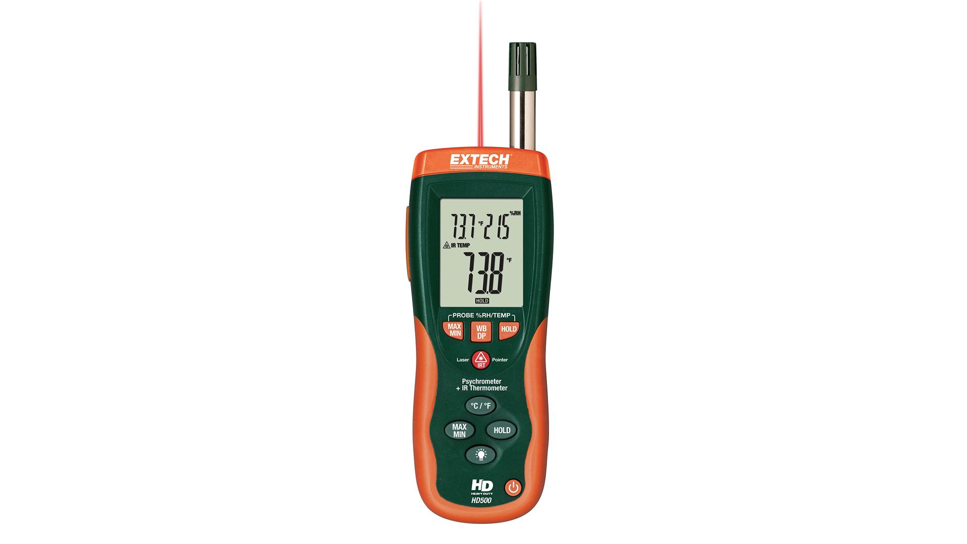 Extech HD500 Infrared Thermometer, -148 °F Min, 2501 °F Max, ±2 % Accuracy, °F Measurements
