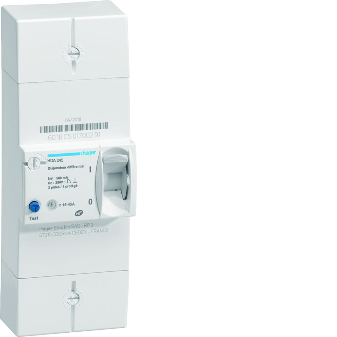 Hager HAD Electronic Circuit Breaker - 2-Pole, Fixed, 45A Current Rating, 250V ac