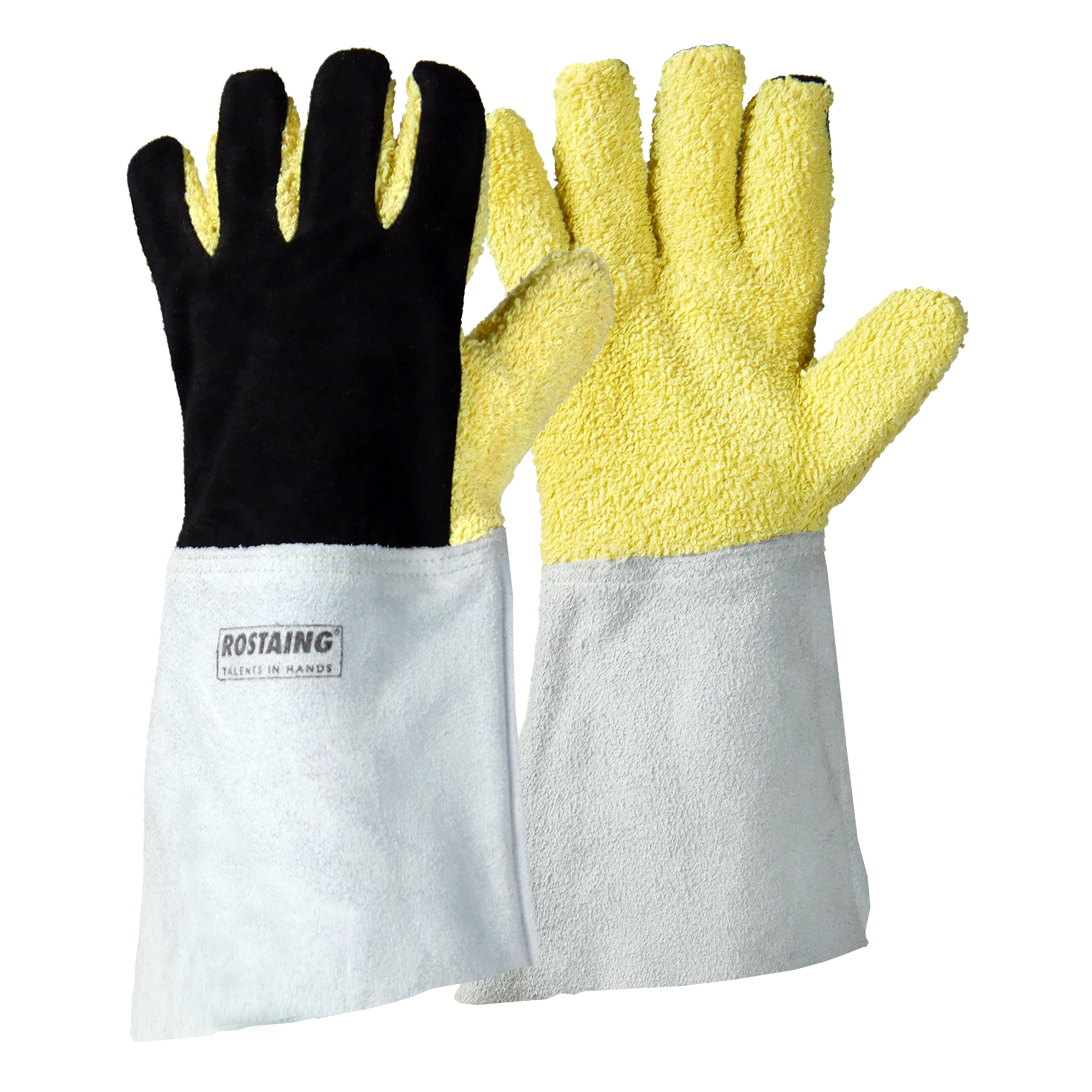 Rostaing HEATRESIST Yellow, Grey Leather, Cotton Work Gloves, Size 8, Leather Coating