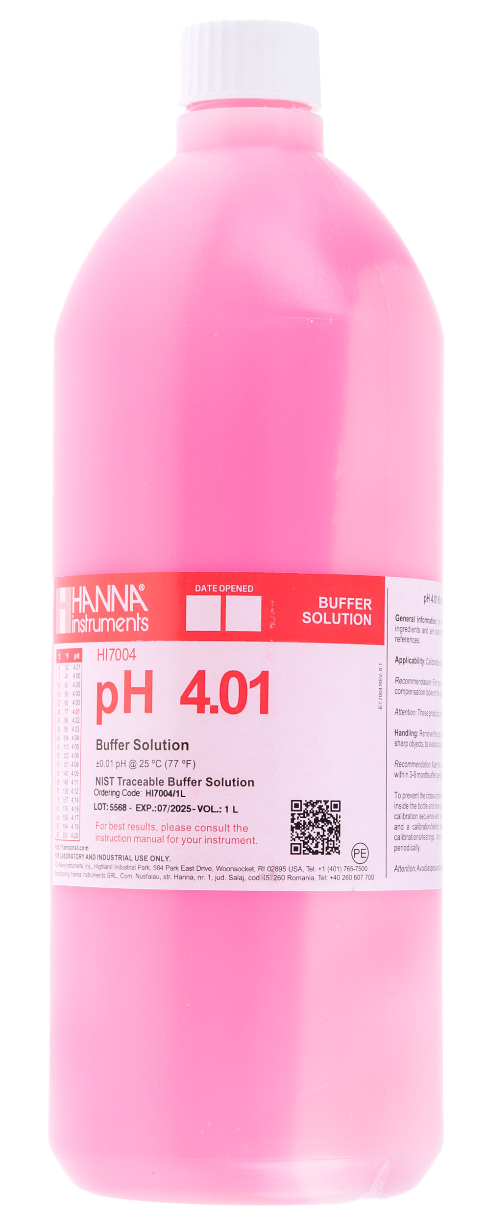 Hanna Instruments HI-7004/1L Buffer Solution, 1 L, Bottle, 4.01 pH