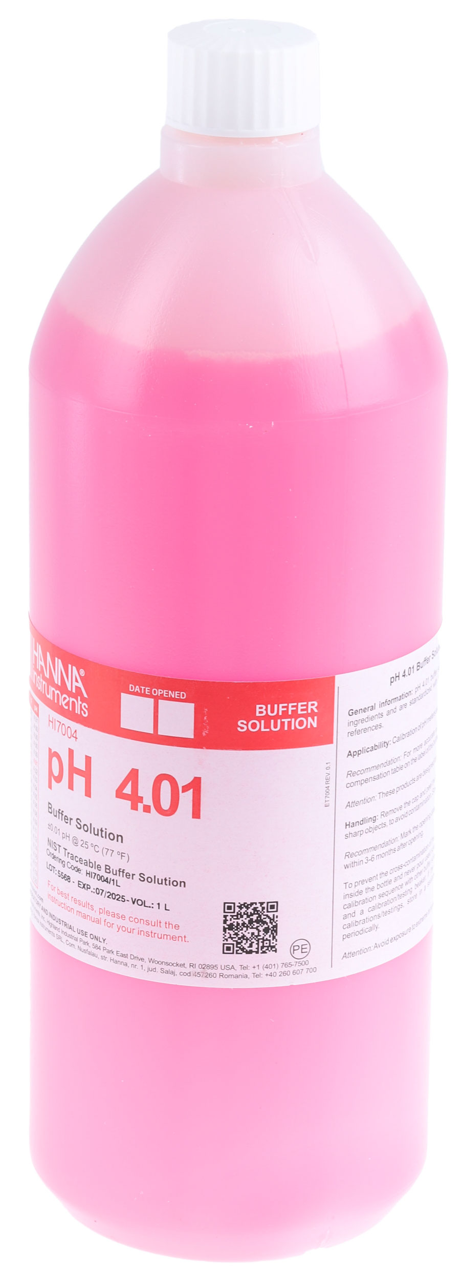 hi-70041l Hanna Instruments HI-7004/1L Buffer Solution, 1 L, Bottle, 4.01 pH