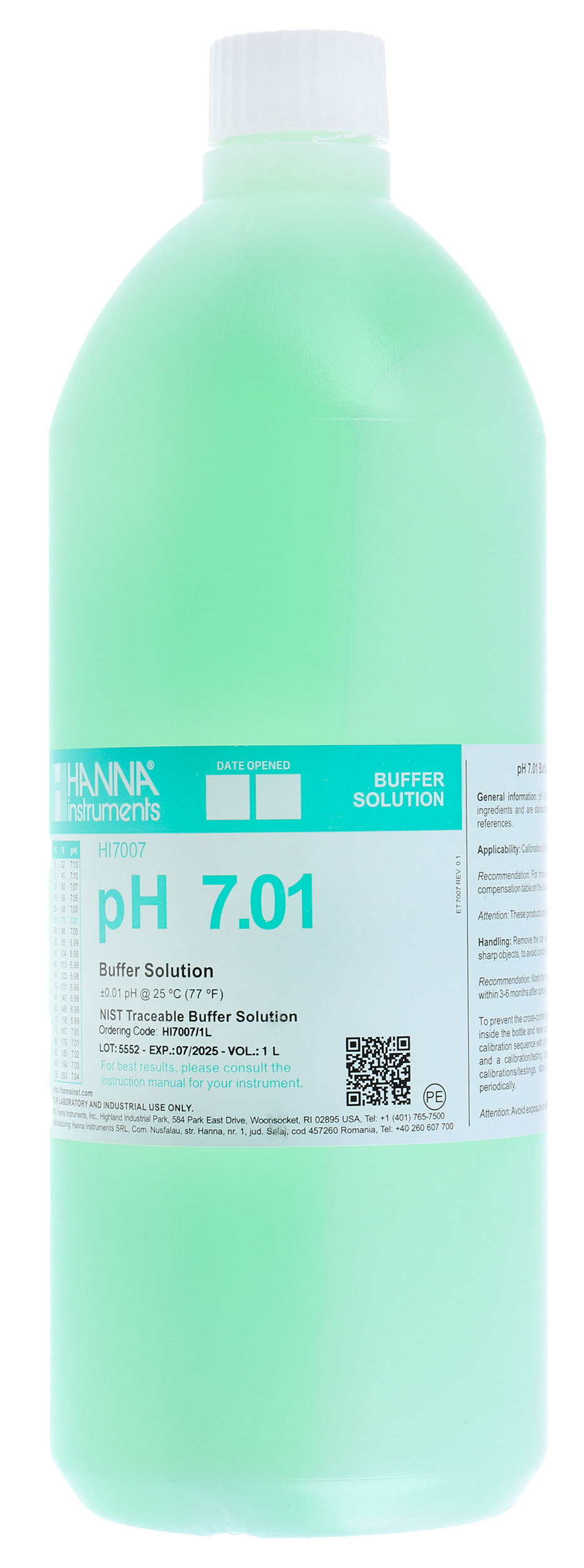 Hanna Instruments HI-7007/1L pH Buffer Solution, 1 L, Bottle