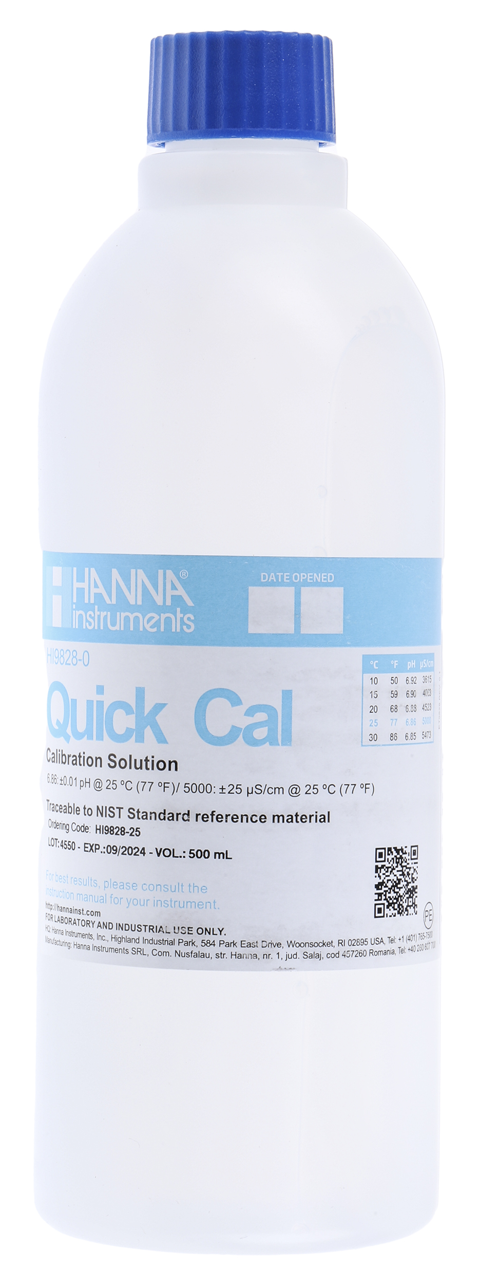 Hanna Instruments HI-9828-25 Buffer Solution, 500 ml 5 mS/cm, Bottle, 6.86 pH