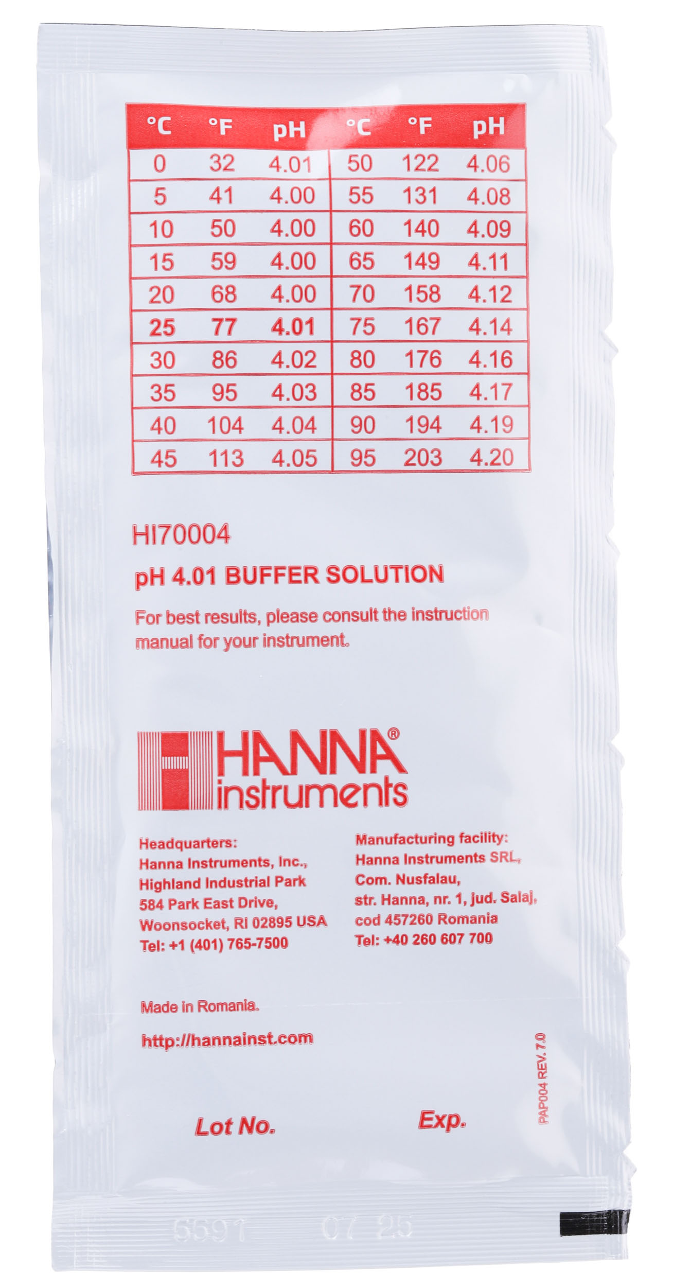 hi70004p Hanna Instruments HI70004P pH Buffer Solution, 20 ml
