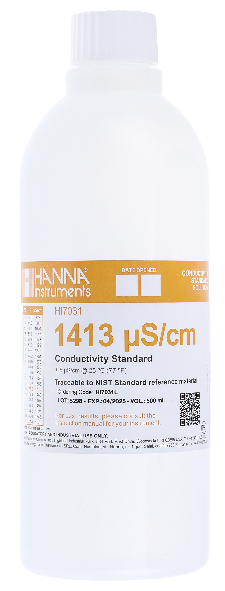 Hanna Instruments HI7031L Buffer Solution, 460 ml 1413 μS/cm, Bottle, 7 pH