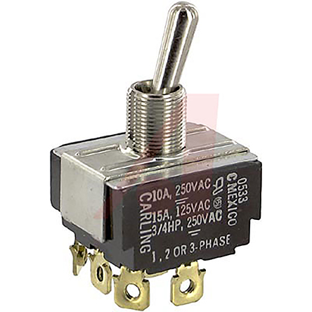 Carling Technologies Toggle Switch, Panel Mount, On-Off, 3PDT, Screw Terminal, 250 V ac