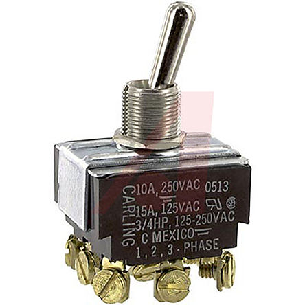 Carling Technologies Toggle Switch, Panel Mount, On-Off-On, 3PDT, Screw Terminal, 250 V ac